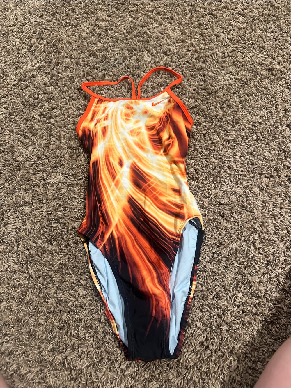 Nike Girls' Orange and Black Flame-Print One-Piece Swimsuit